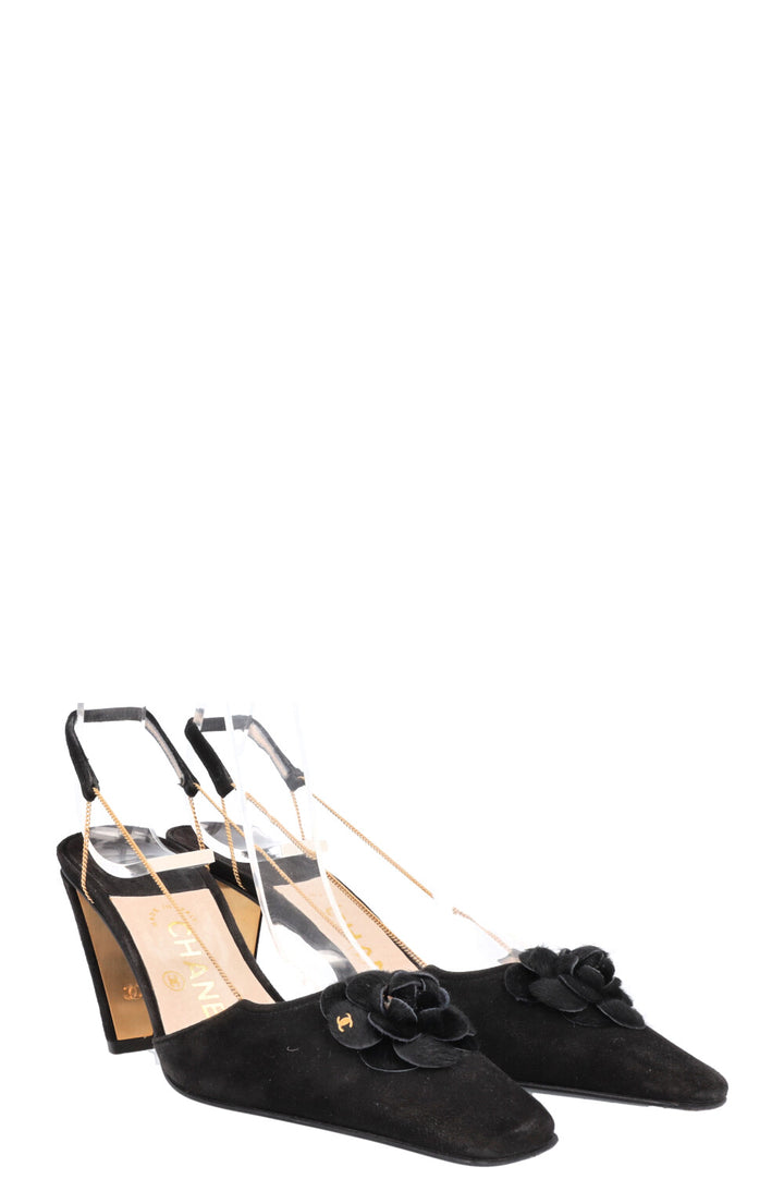CHANEL Chain Slingback Camellia Heels Black