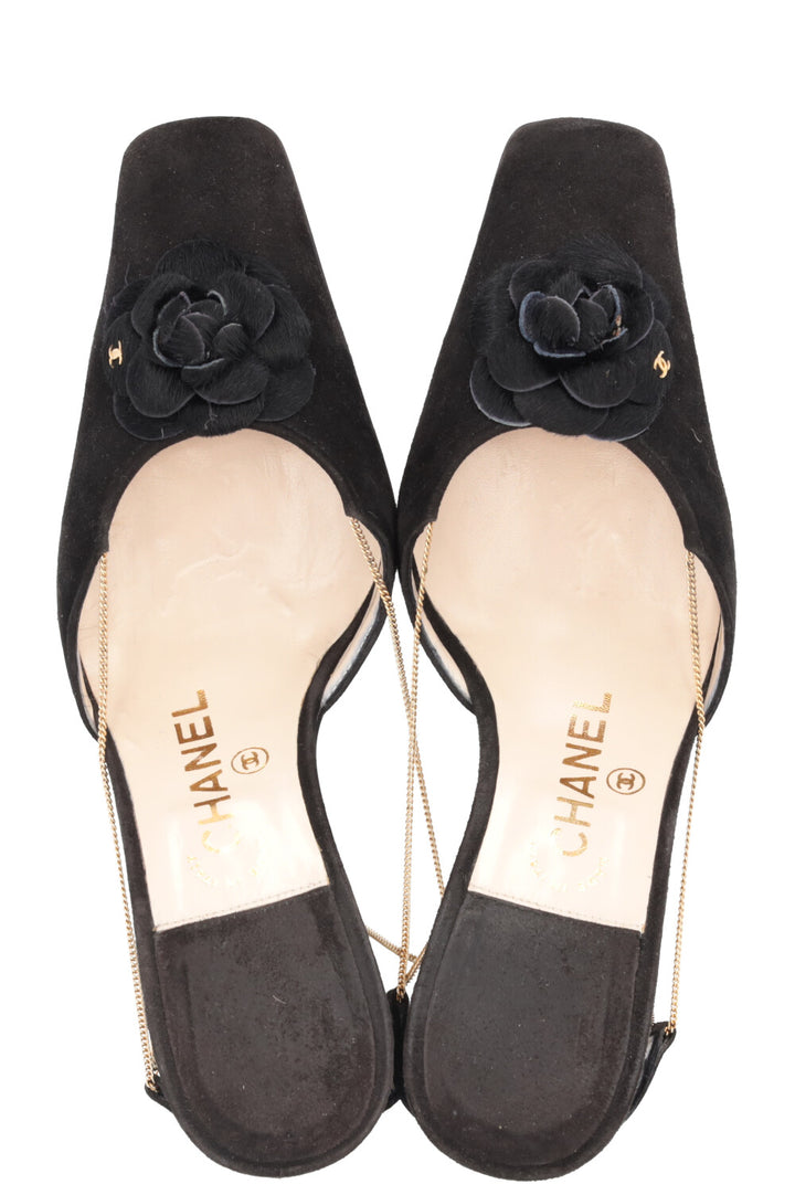 CHANEL Chain Slingback Camellia Heels Black