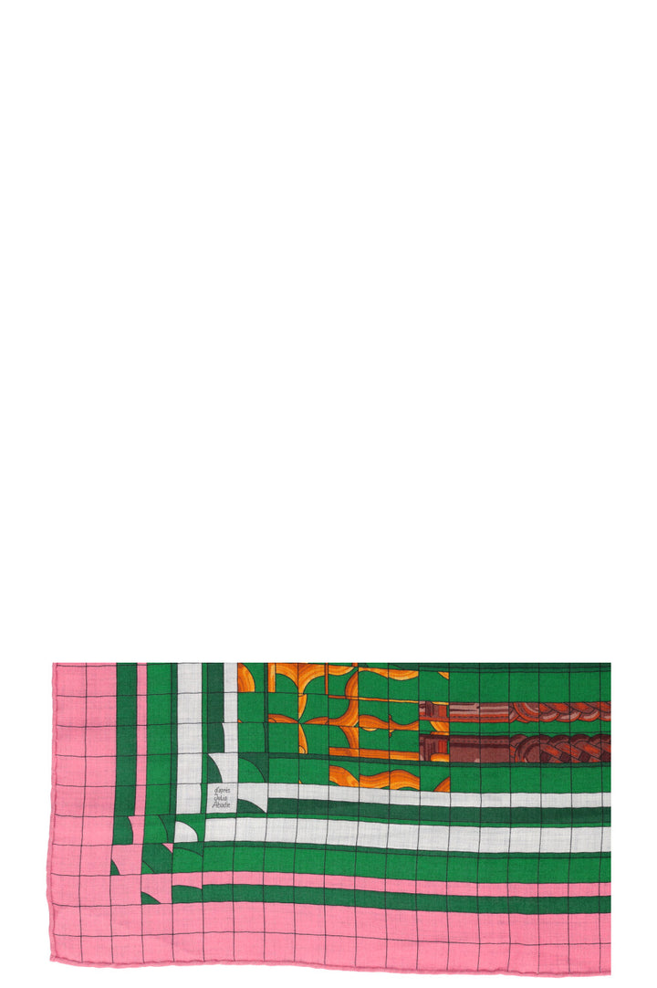 HERMÈS Coaching 140 Scarf Cashmere Silk Pink Green