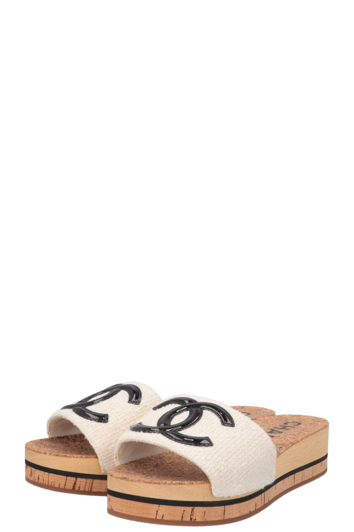 CHANEL CC Tweed Sandals Cork Wood Cream