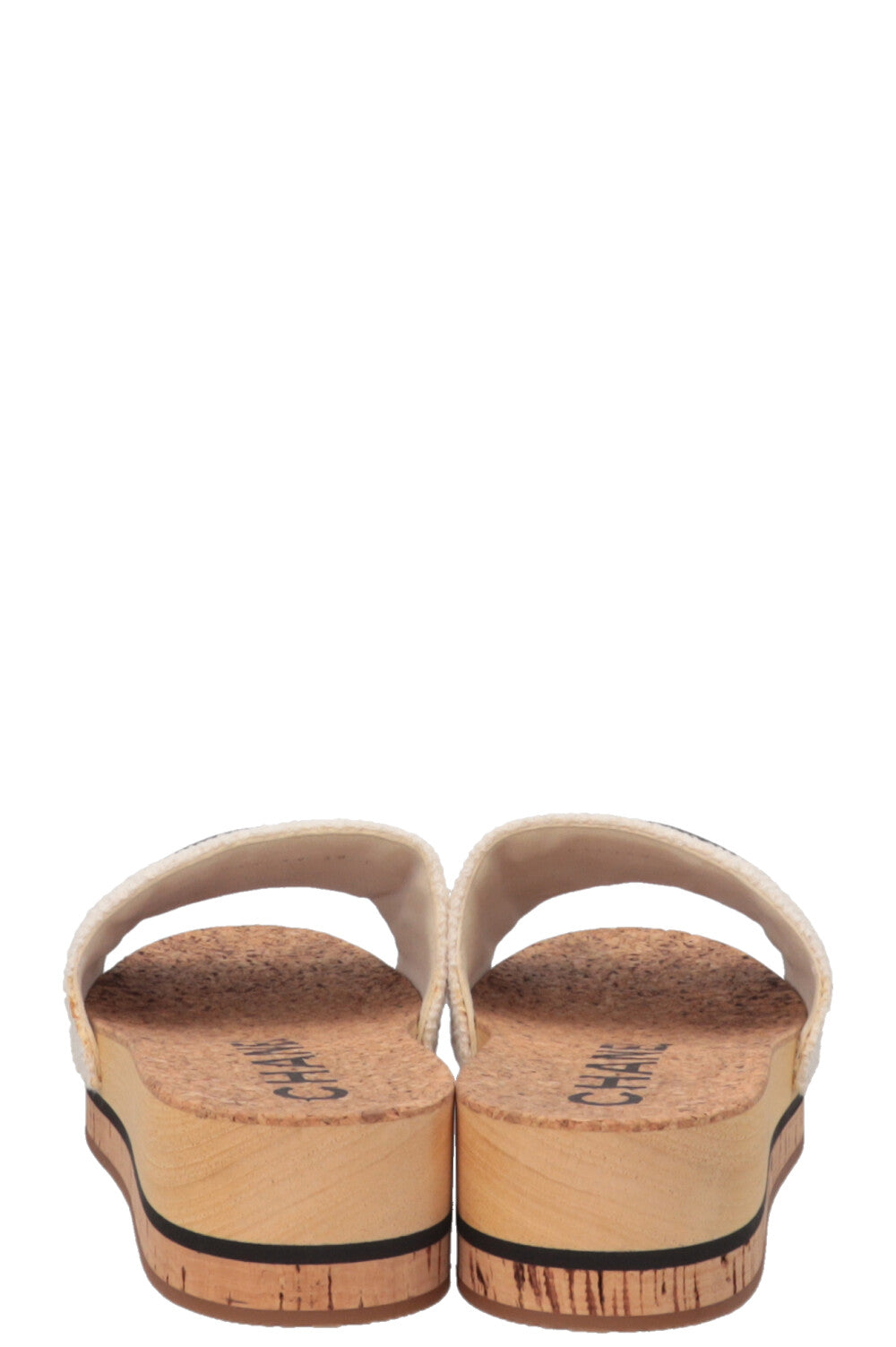 CHANEL CC Tweed Sandals Cork Wood Cream