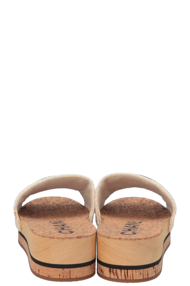 CHANEL CC Tweed Sandals Cork Wood Cream