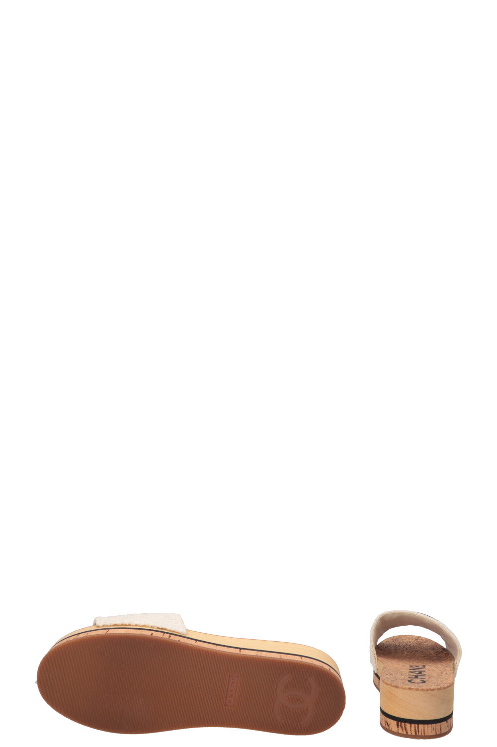 CHANEL CC Tweed Sandals Cork Wood Cream