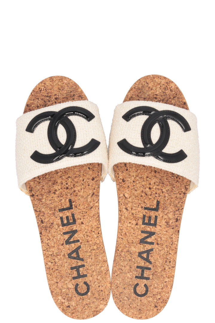 CHANEL CC Tweed Sandals Cork Wood Cream
