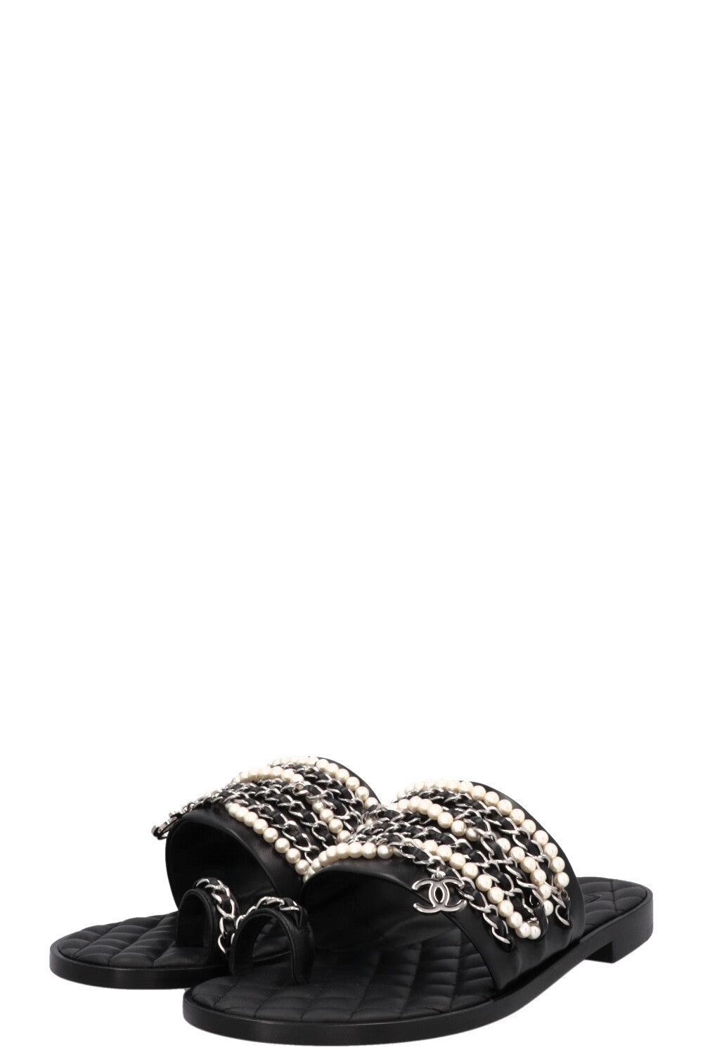 CHANEL CC Charm Chain Pearl Sandals Black
