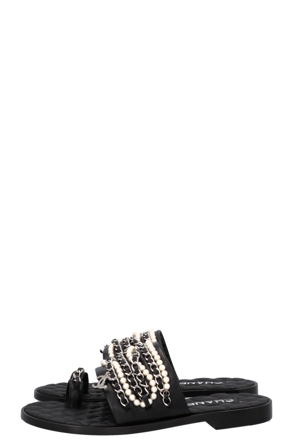 CHANEL CC Charm Chain Pearl Sandals Black