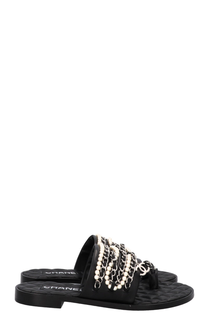 CHANEL CC Charm Chain Pearl Sandals Black