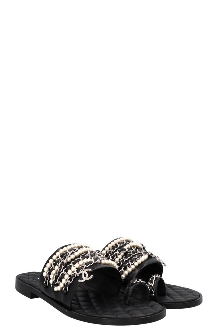 CHANEL CC Charm Chain Pearl Sandals Black