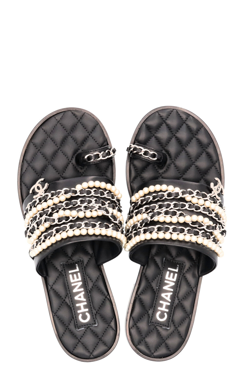 CHANEL CC Charm Chain Pearl Sandals Black
