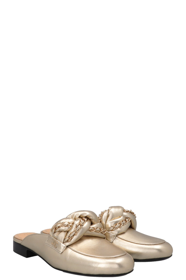 CHANEL Chain Braided CC Mules Leather Gold