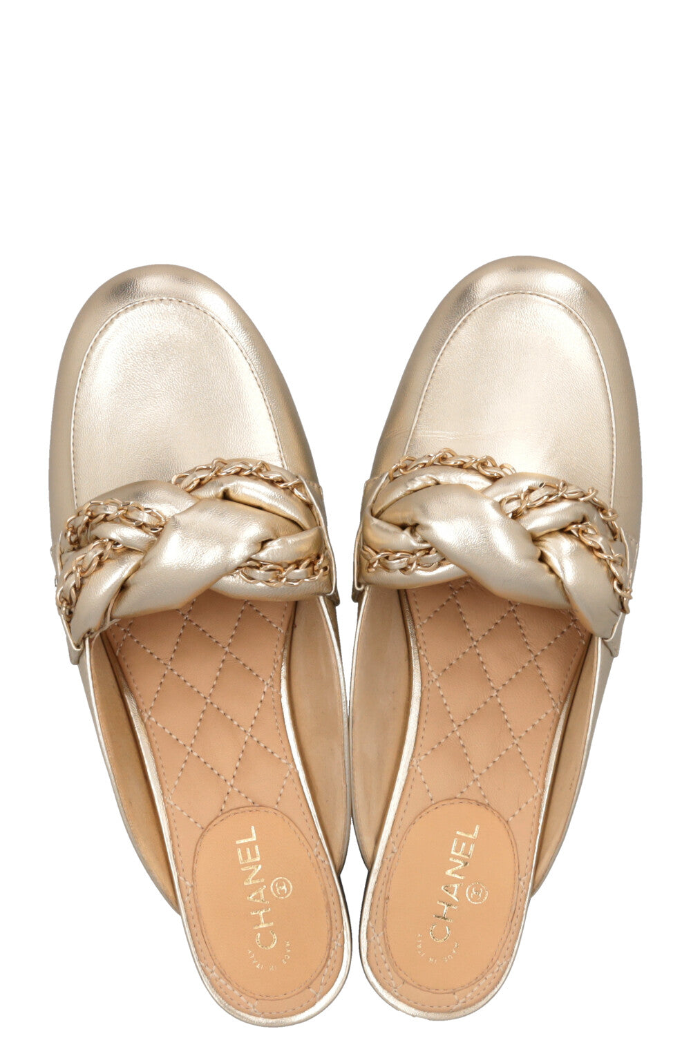 CHANEL Chain Braided CC Mules Leather Gold