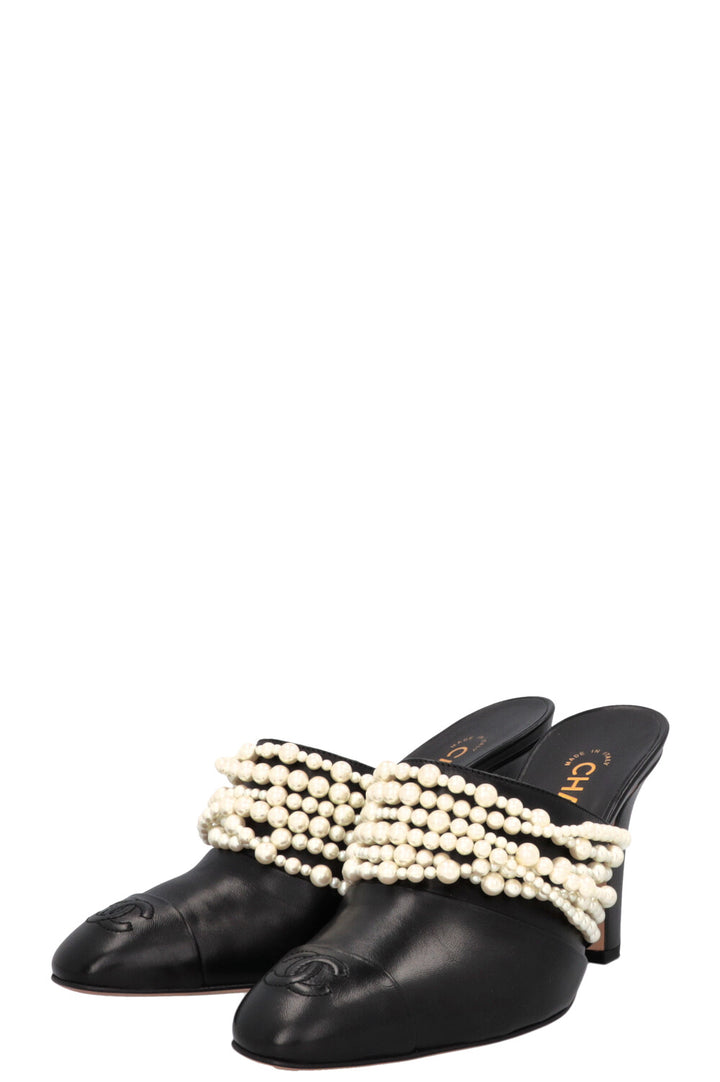 CHANEL Pearl Braid CC Mules Black