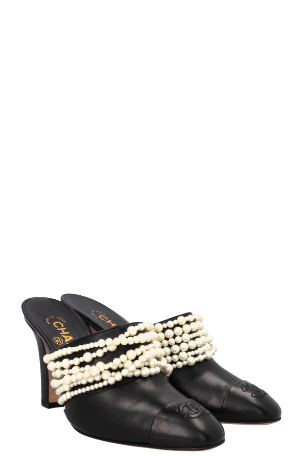CHANEL Pearl Braid CC Mules Black