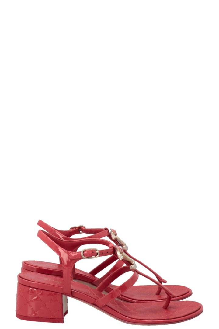 CHANEL CC Camelia Thong Sandals Patent Pink