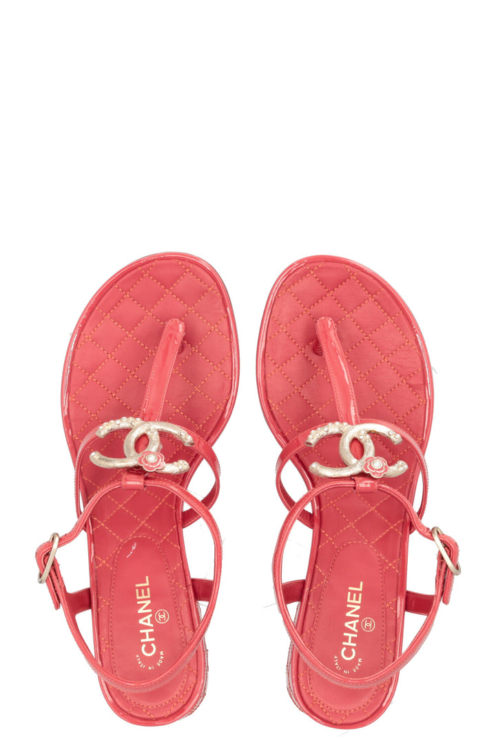 CHANEL CC Camelia Thong Sandals Patent Pink