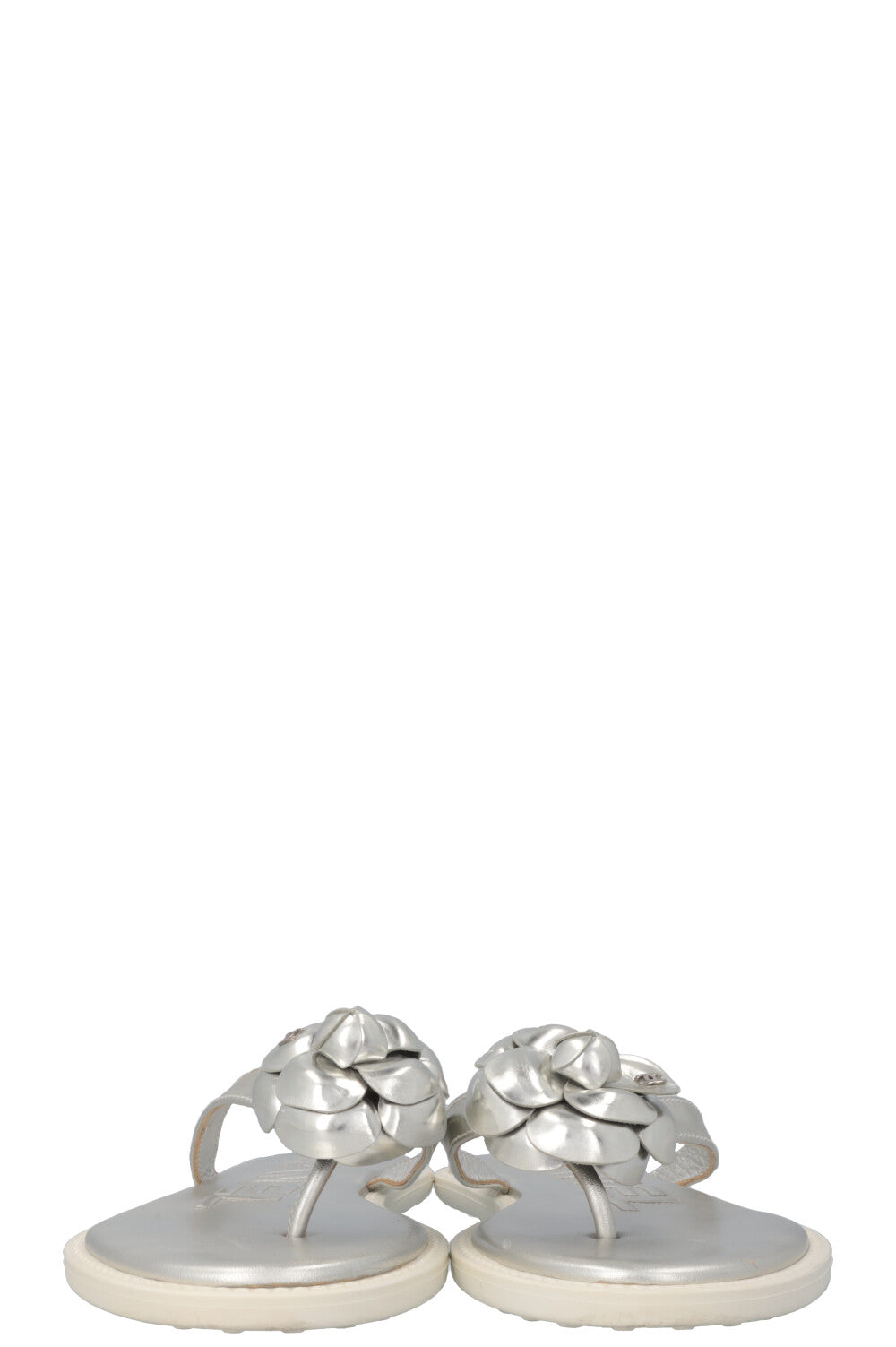 CHANEL Metallic Camellia Flip Flops Silver