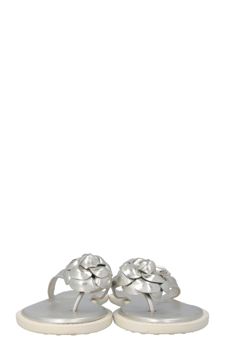 CHANEL Metallic Camellia Flip Flops Silver
