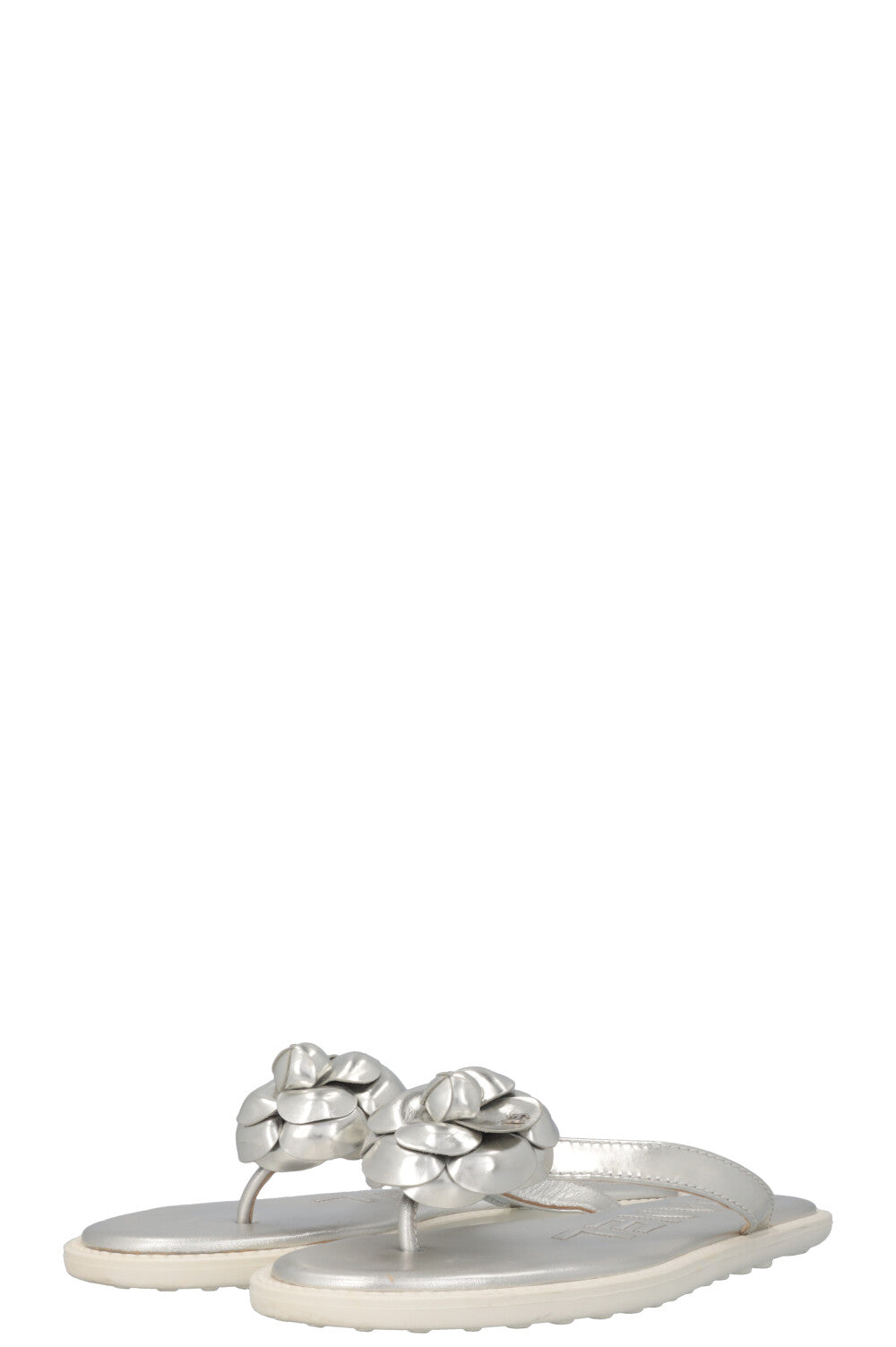 CHANEL Metallic Camellia Flip Flops Silver