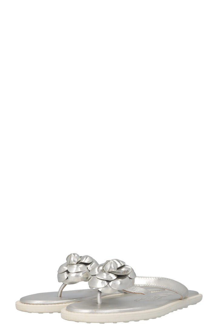 CHANEL Metallic Camellia Flip Flops Silver