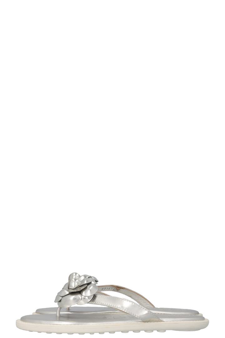 CHANEL Metallic Camellia Flip Flops Silver