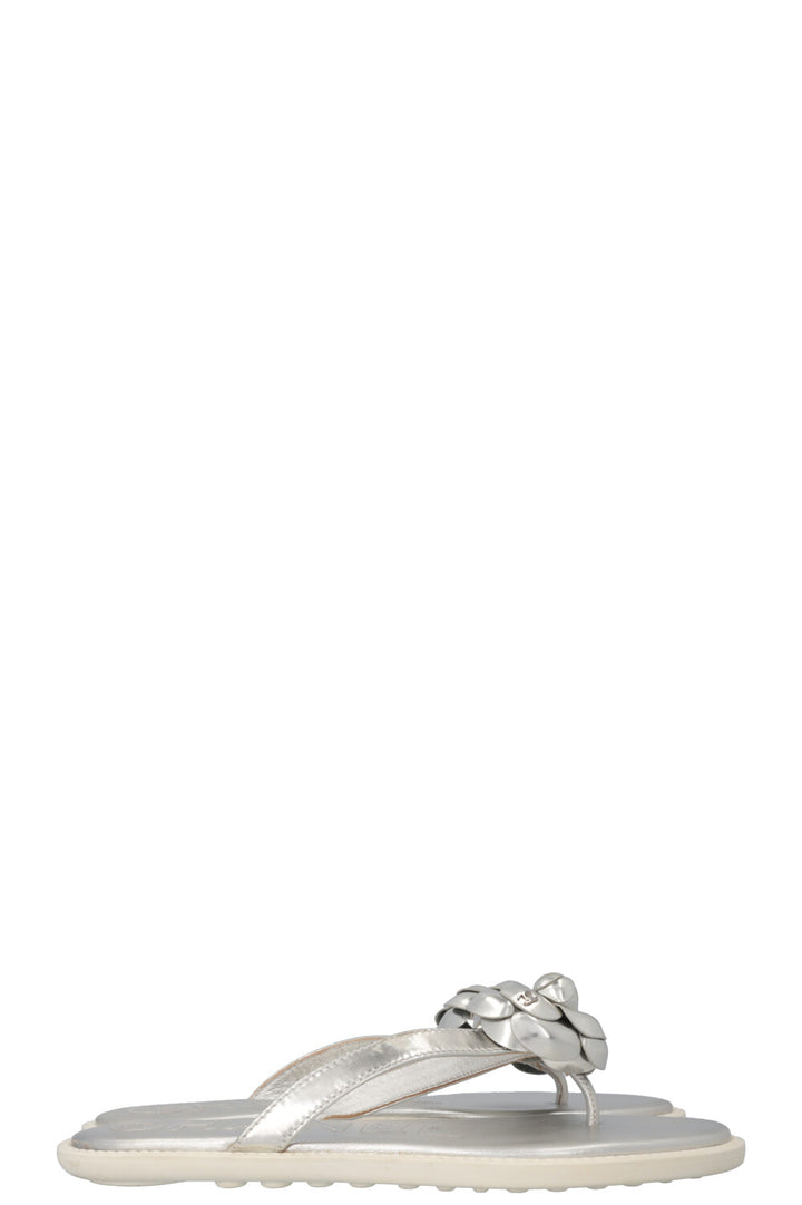 CHANEL Metallic Camellia Flip Flops Silver