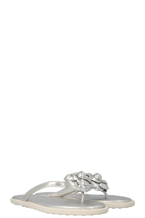 CHANEL Metallic Camellia Flip Flops Silver