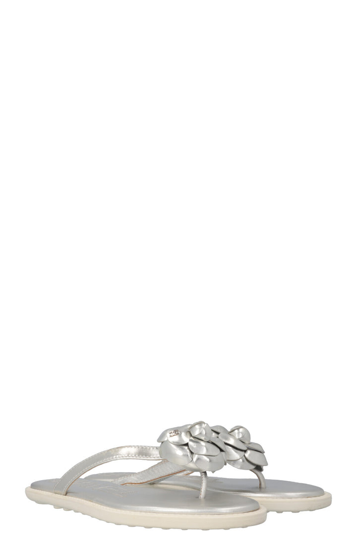 CHANEL Metallic Camellia Flip Flops Silver