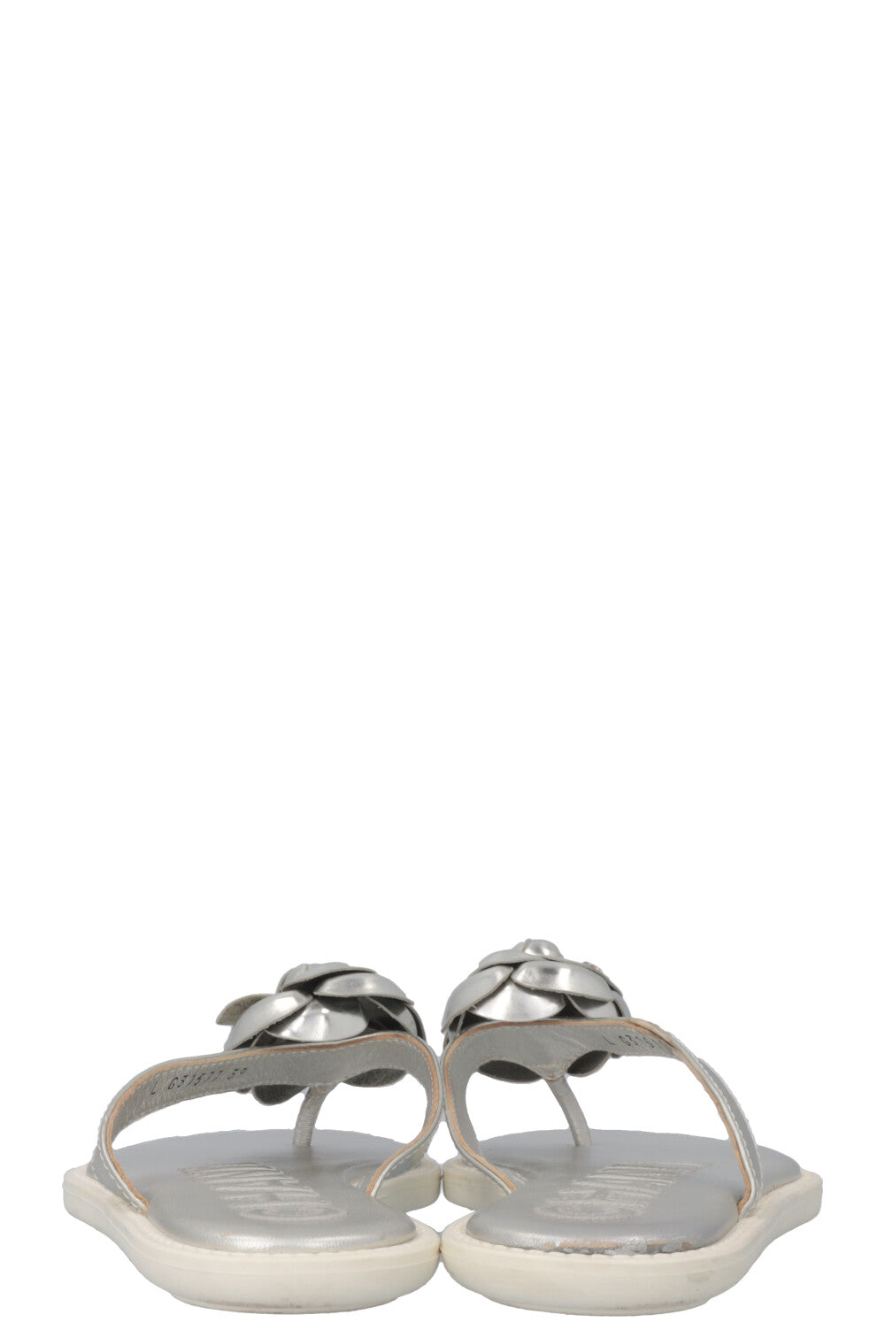 CHANEL Metallic Camellia Flip Flops Silver