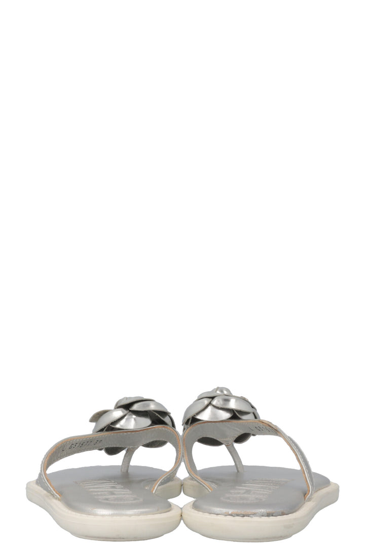 CHANEL Metallic Camellia Flip Flops Silver