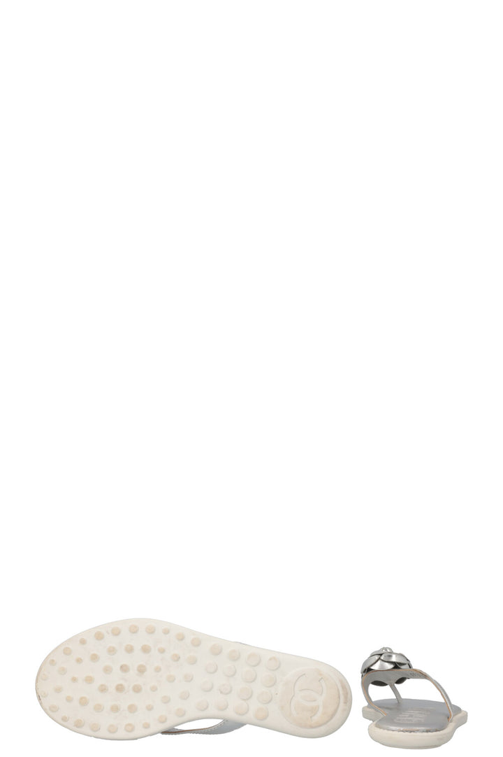 CHANEL Metallic Camellia Flip Flops Silver