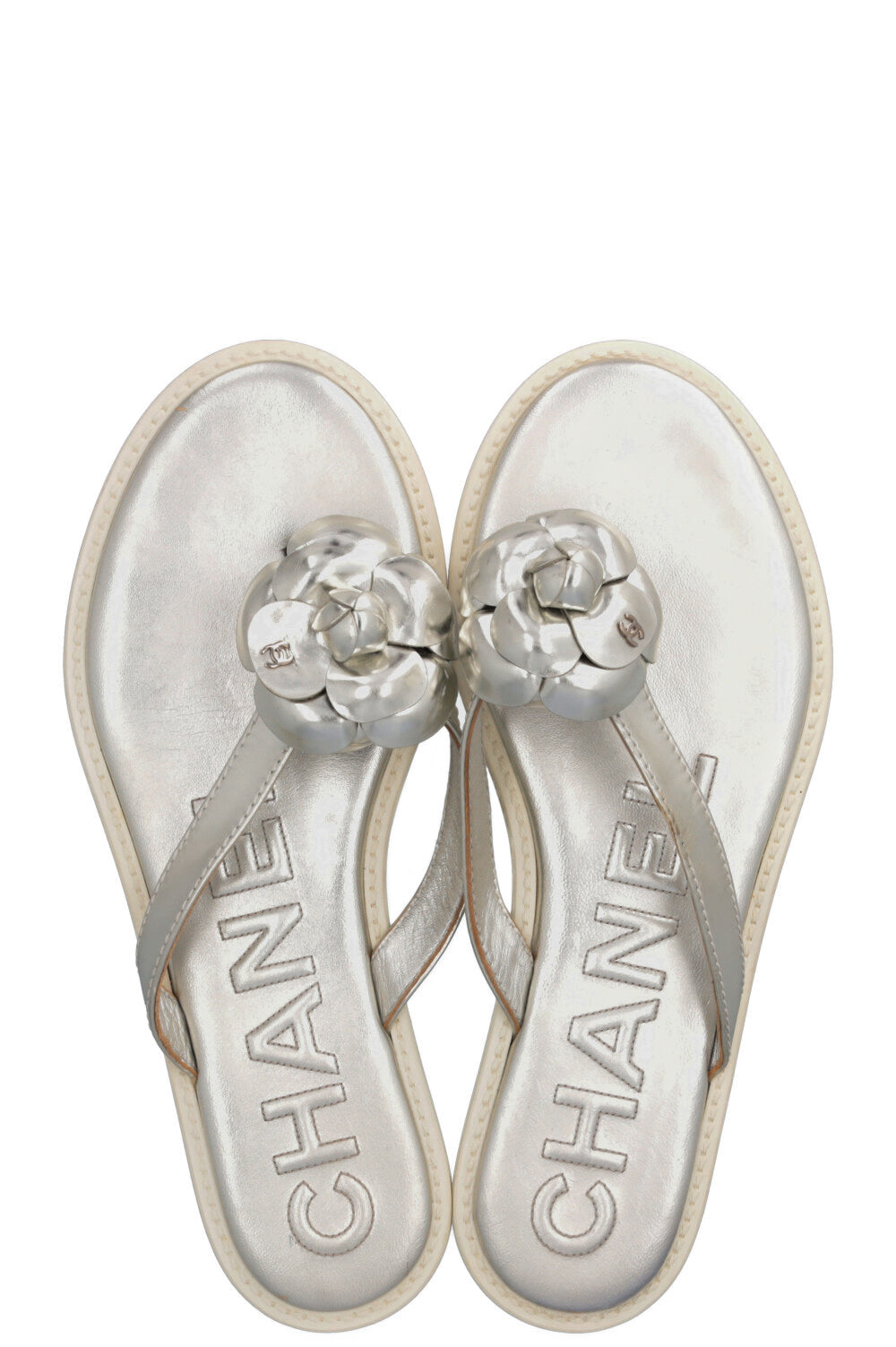 CHANEL Metallic Camellia Flip Flops Silver
