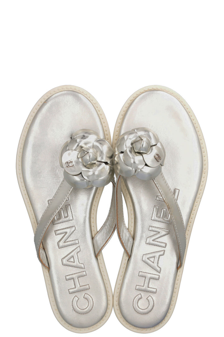 CHANEL Metallic Camellia Flip Flops Silver