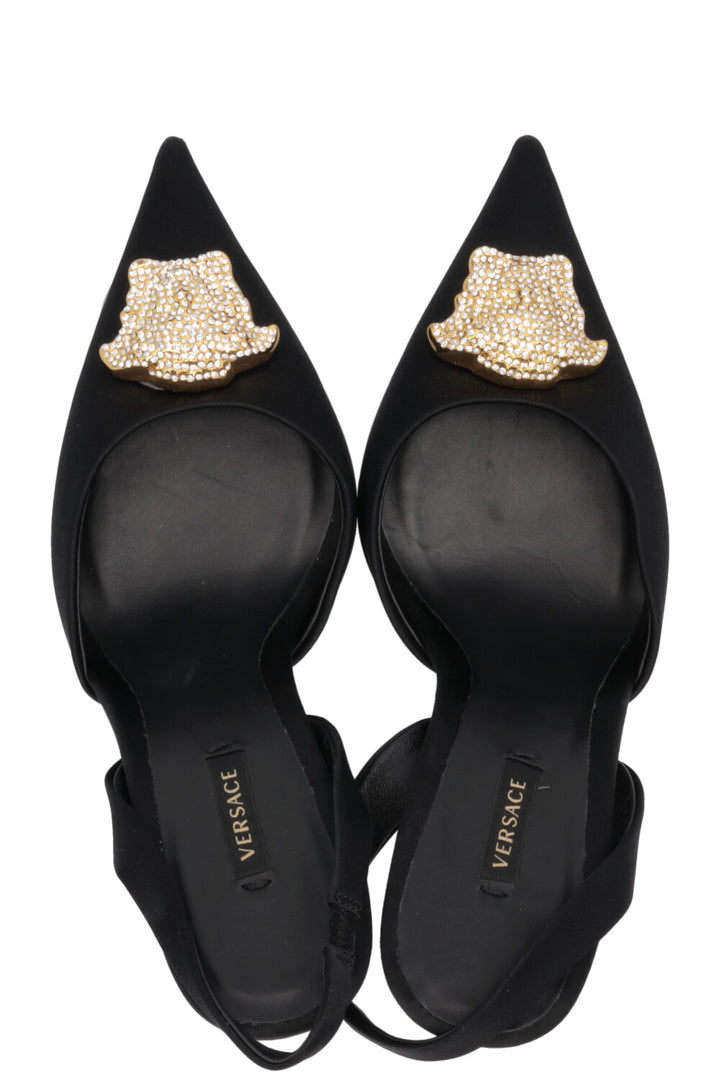 VERSACE Crystal La Medusa Slingback Heels Satin Black