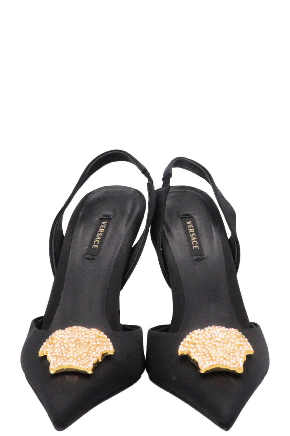 VERSACE Crystal La Medusa Slingback Heels Satin Black
