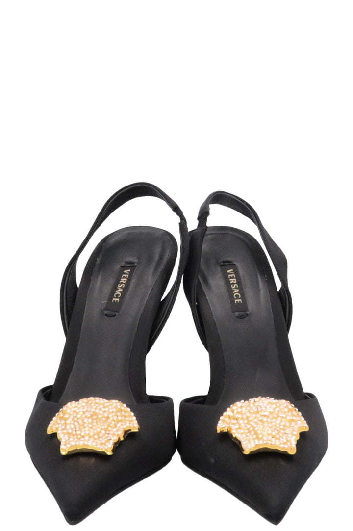 VERSACE Crystal La Medusa Slingback Heels Satin Black