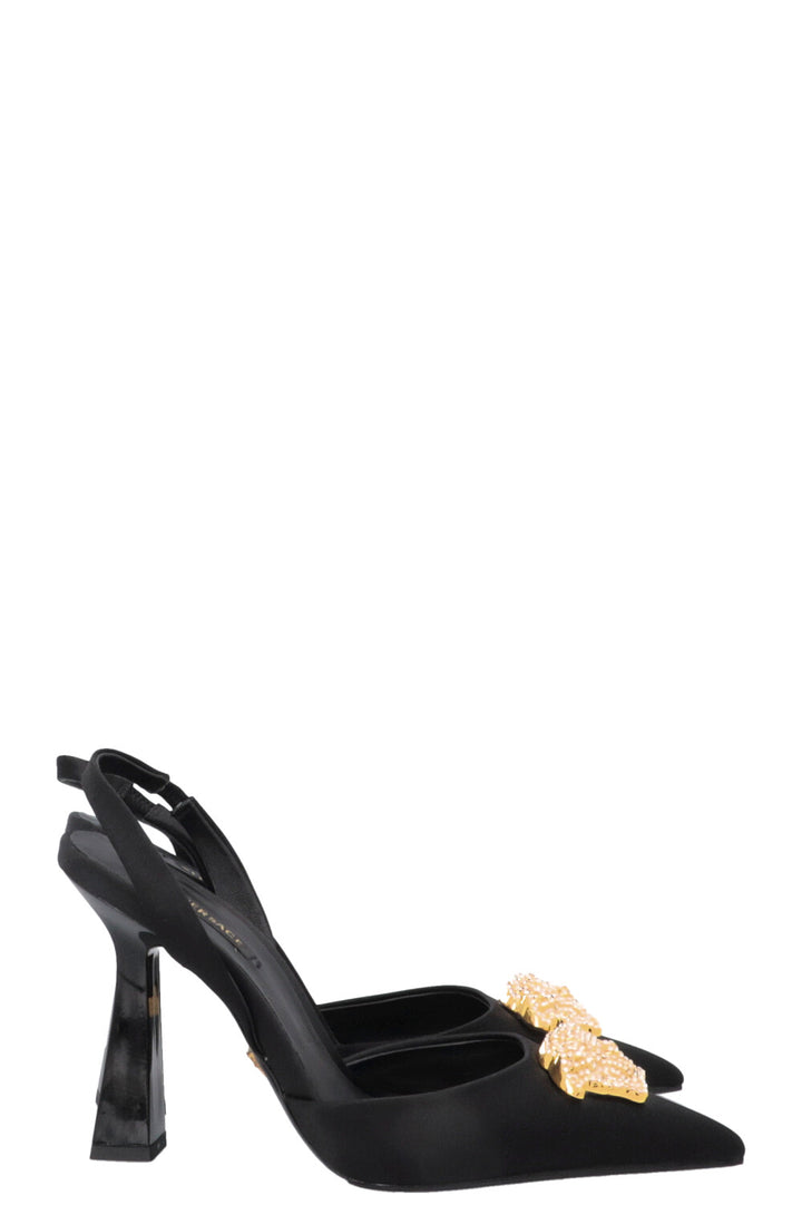 VERSACE Crystal La Medusa Slingback Heels Satin Black