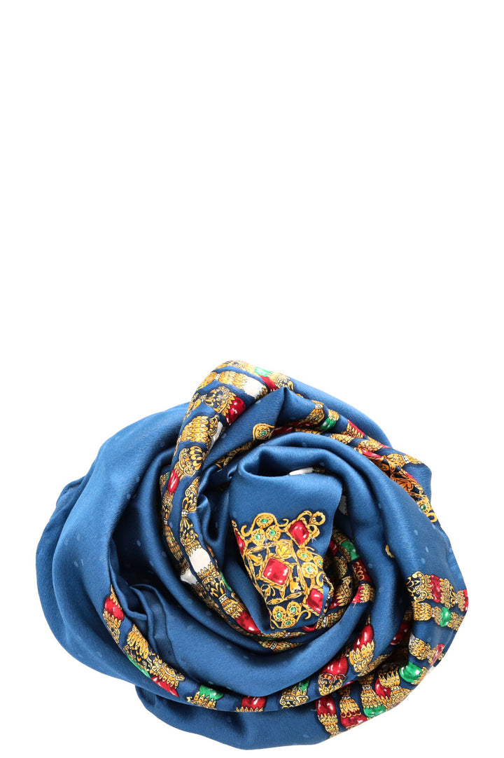 CHANEL Jewelry Print Scarf Silk Blue Gold
