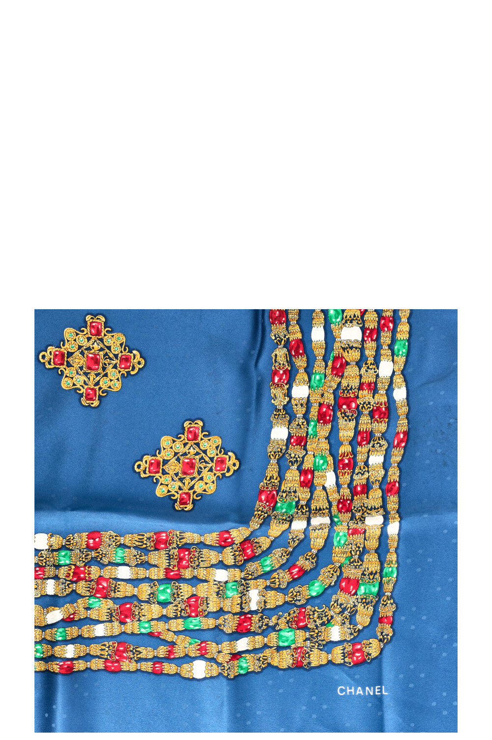 CHANEL Jewelry Print Scarf Silk Blue Gold