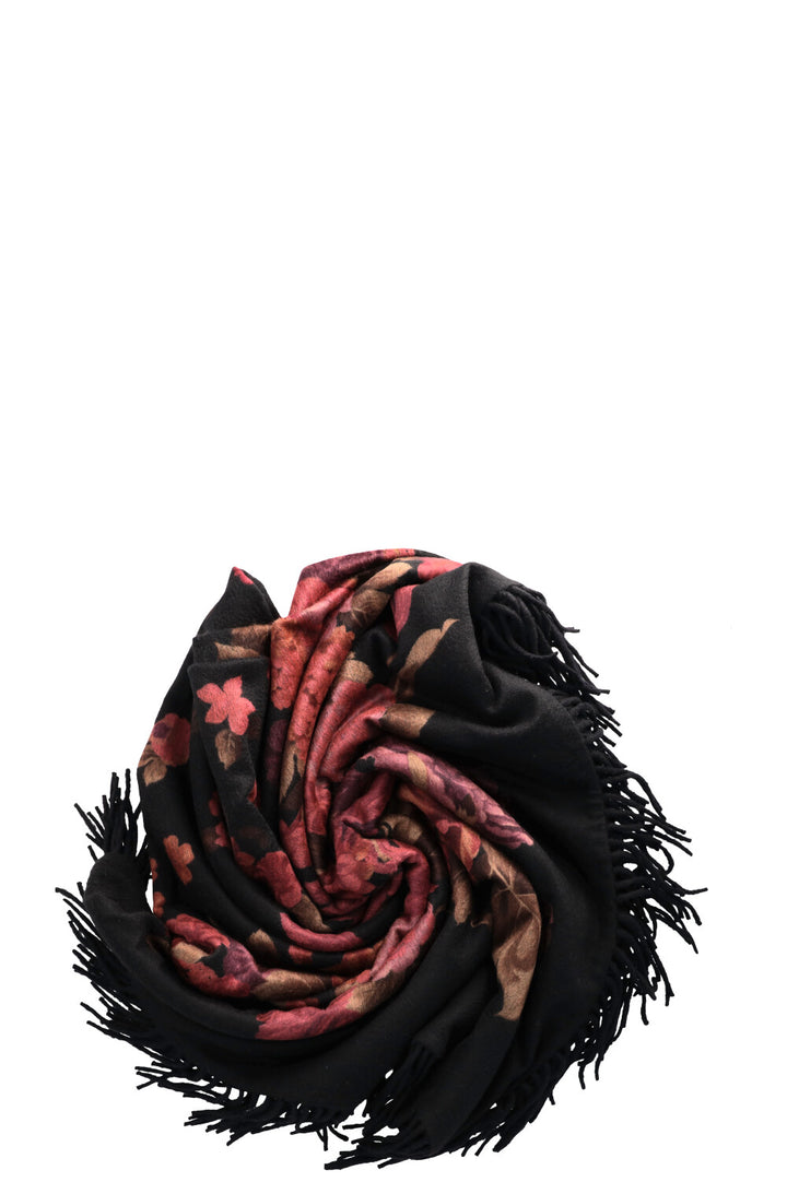 LORO PIANA Fringed Floral Plaid Cashmere Black Red