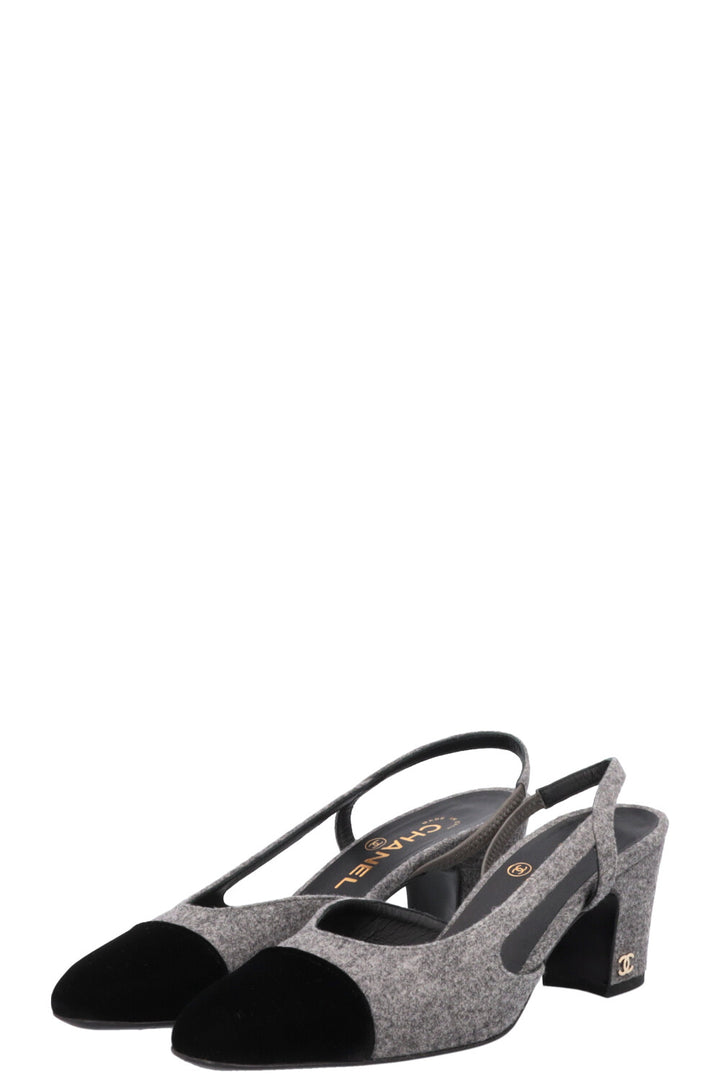 CHANEL Classic Slingback Felt Velvet Grey