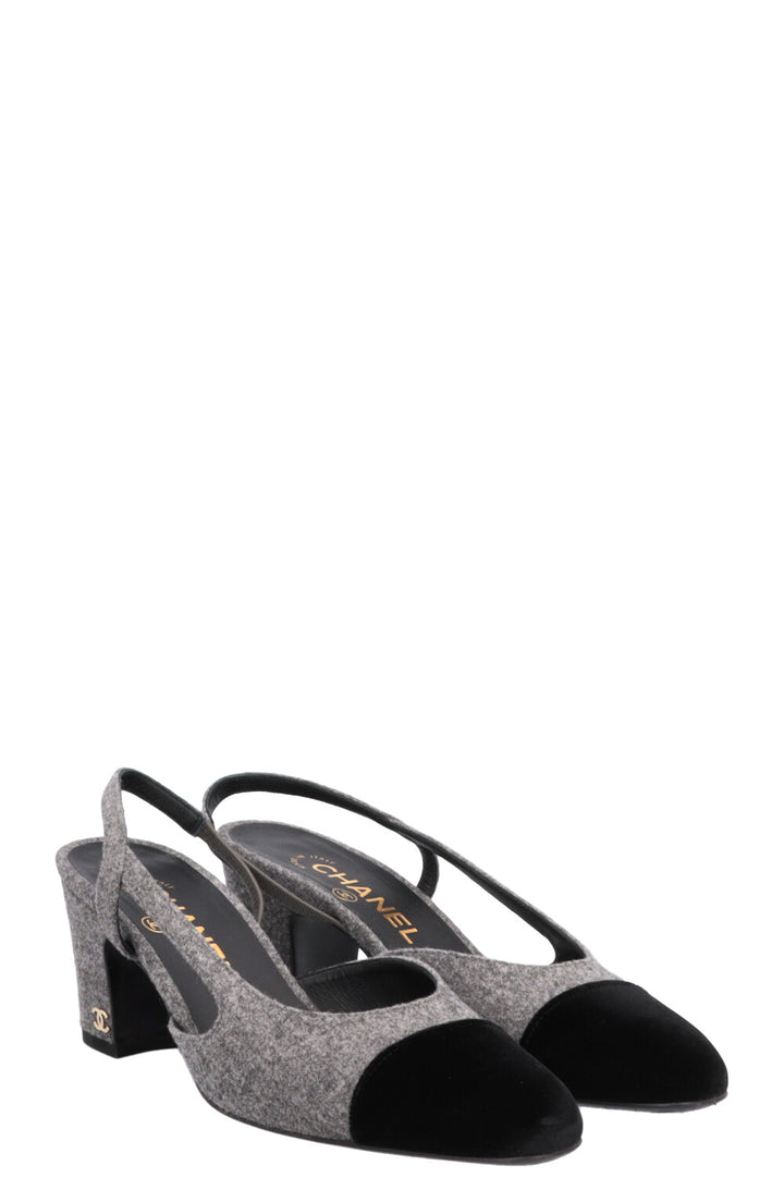 CHANEL Classic Slingback Felt Velvet Grey