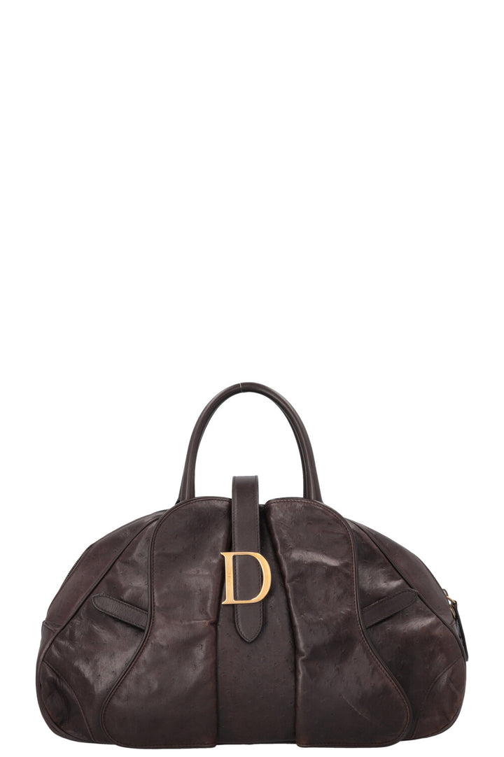 CHRISTIAN DIOR Double Saddle Bowler Bag Ostrich Brown