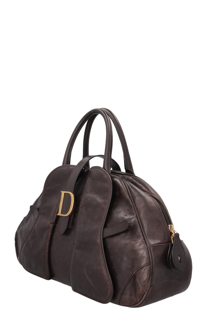 CHRISTIAN DIOR Double Saddle Bowler Bag Ostrich Brown