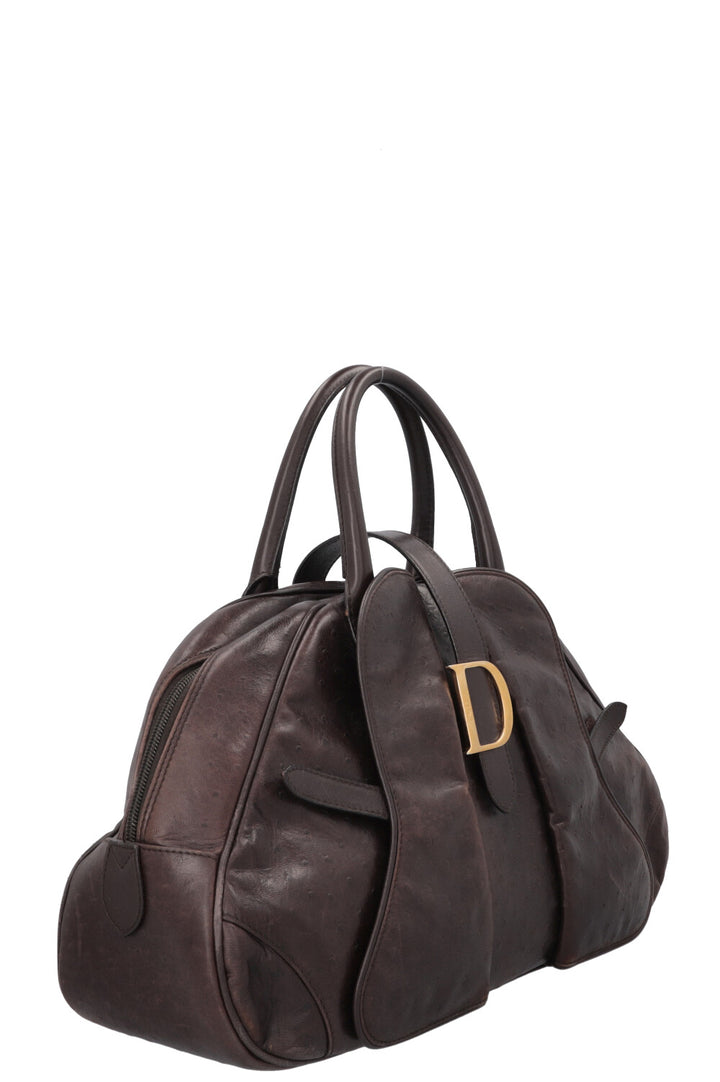 CHRISTIAN DIOR Double Saddle Bowler Bag Ostrich Brown