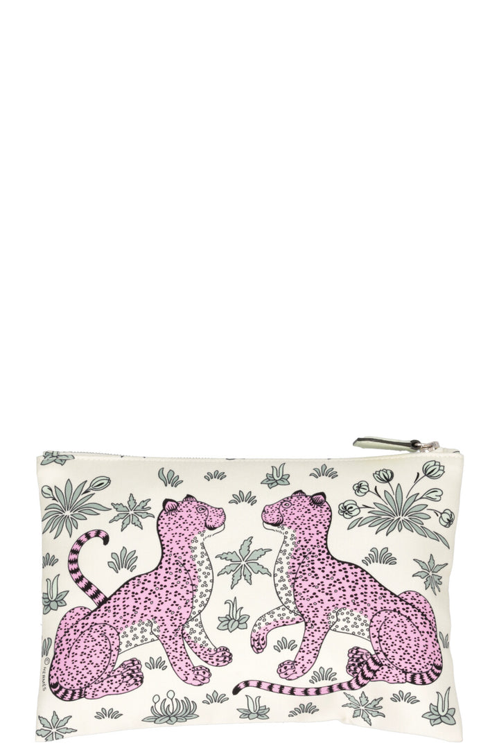 HERMÈS Cheetah Print Pocket Pouch Silk Green Pink
