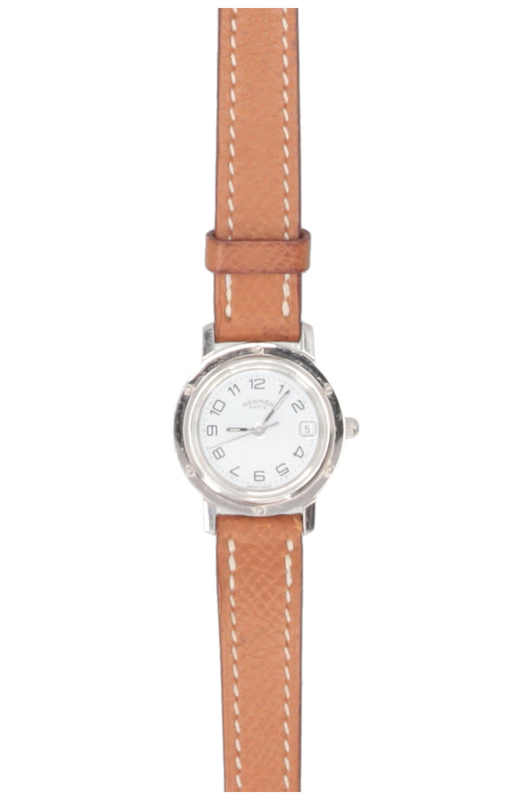 HERMÈS Clipper Watch Steel Leather Brown