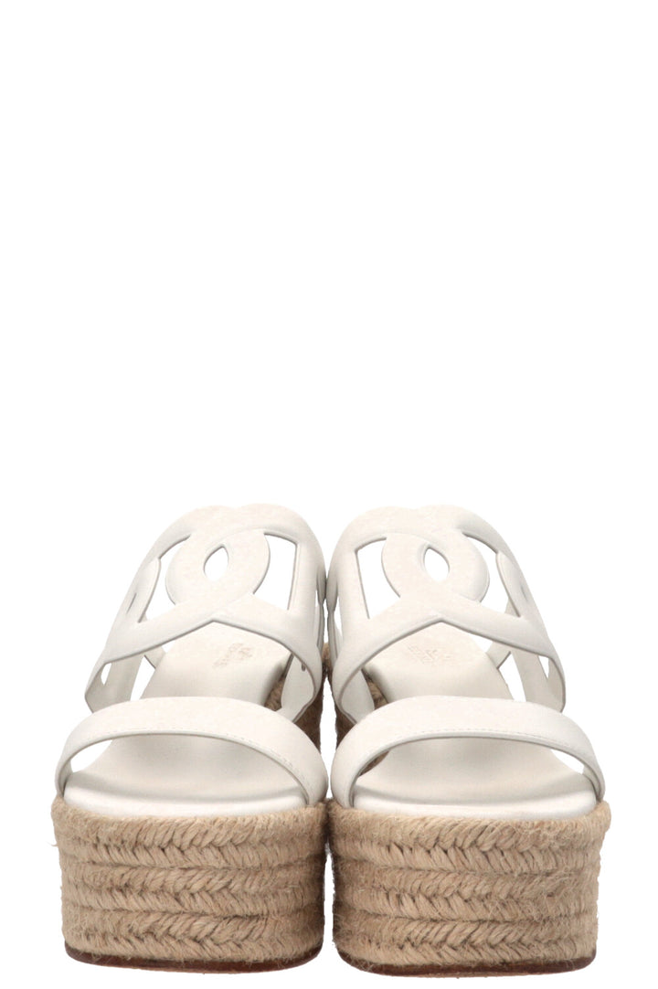 HERMÈS Ithea 30 Espadrilles compensées en raphia et cuir blanc