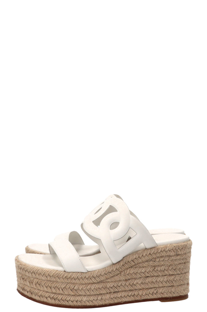 HERMÈS Ithea 30 Espadrilles compensées en raphia et cuir blanc
