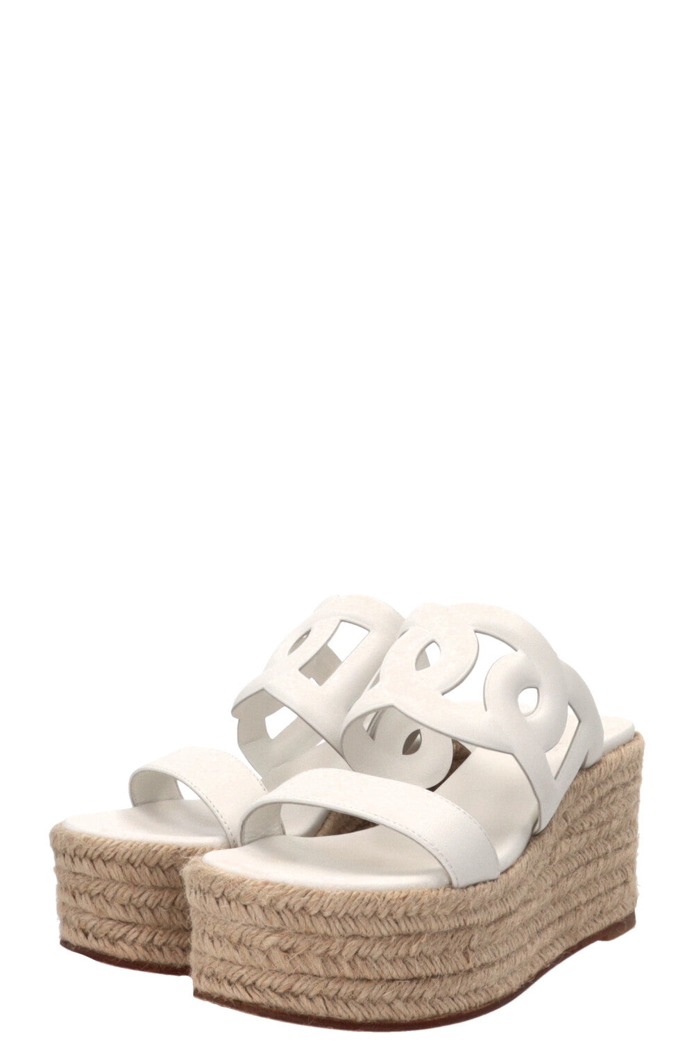 HERMÈS Ithea 30 Espadrilles compensées en raphia et cuir blanc