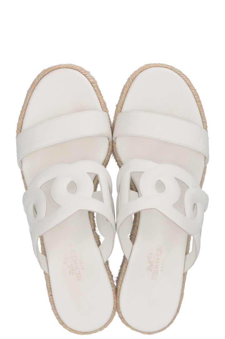 HERMÈS Ithea 30 Espadrilles compensées en raphia et cuir blanc